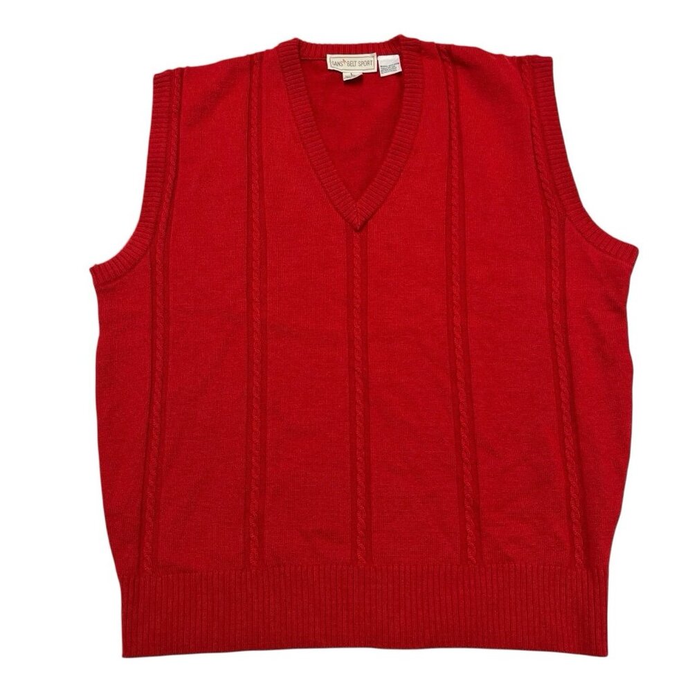 Vintage Sansabelt Sport Sweater Vest Mens L Cherry Red‎ Wool Blend Academia Dad